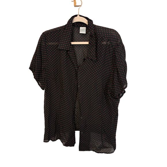 Emma James Shirt Size 18 Black Sheer Lined Short Sleeve Knit Top Polka Dot Retro - Picture 1 of 3